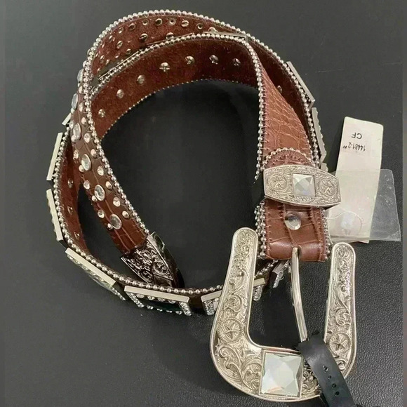 Vintage Western Leather Studded Rhinestone Belt Cowgirl New Boho Festival - Picture 2 of 10